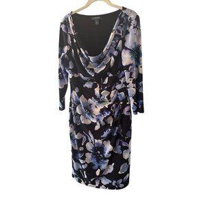 Lauren Ralph Lauren Floral Print Dress Sz 12 Black Purple Blue 3/4 Sleeve Career